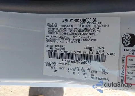 2008 Lincoln Mkz z USA, uszkodzony, nr VIN 3LNHM26T78R660256